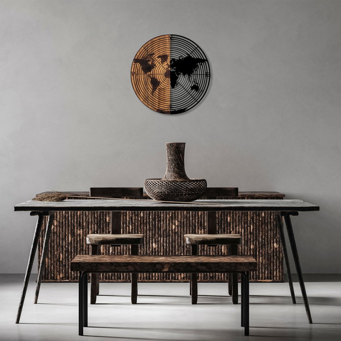 Wallity Accesorio Decorativo de Pared World Map 321, Madera y Metal, Negro y Nogal, 56 cm Diámetro